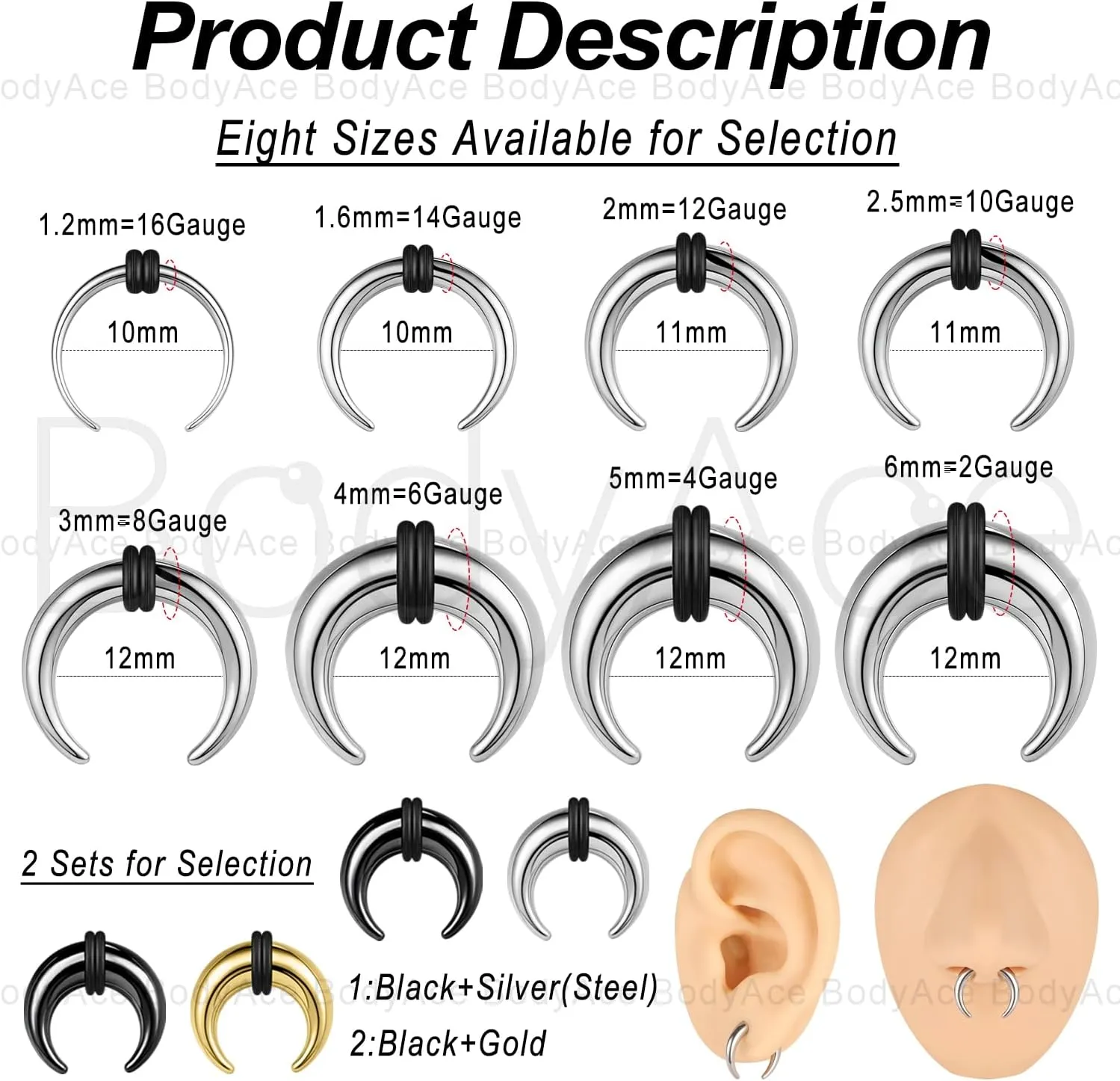 BodyAce 2Pairs C Shape Ear Taper Kit, 2-12G Buffalo Septum Pincher Tapers Nose Rings, Black Stretching Ear Expanded Septum Rings with O-Rings