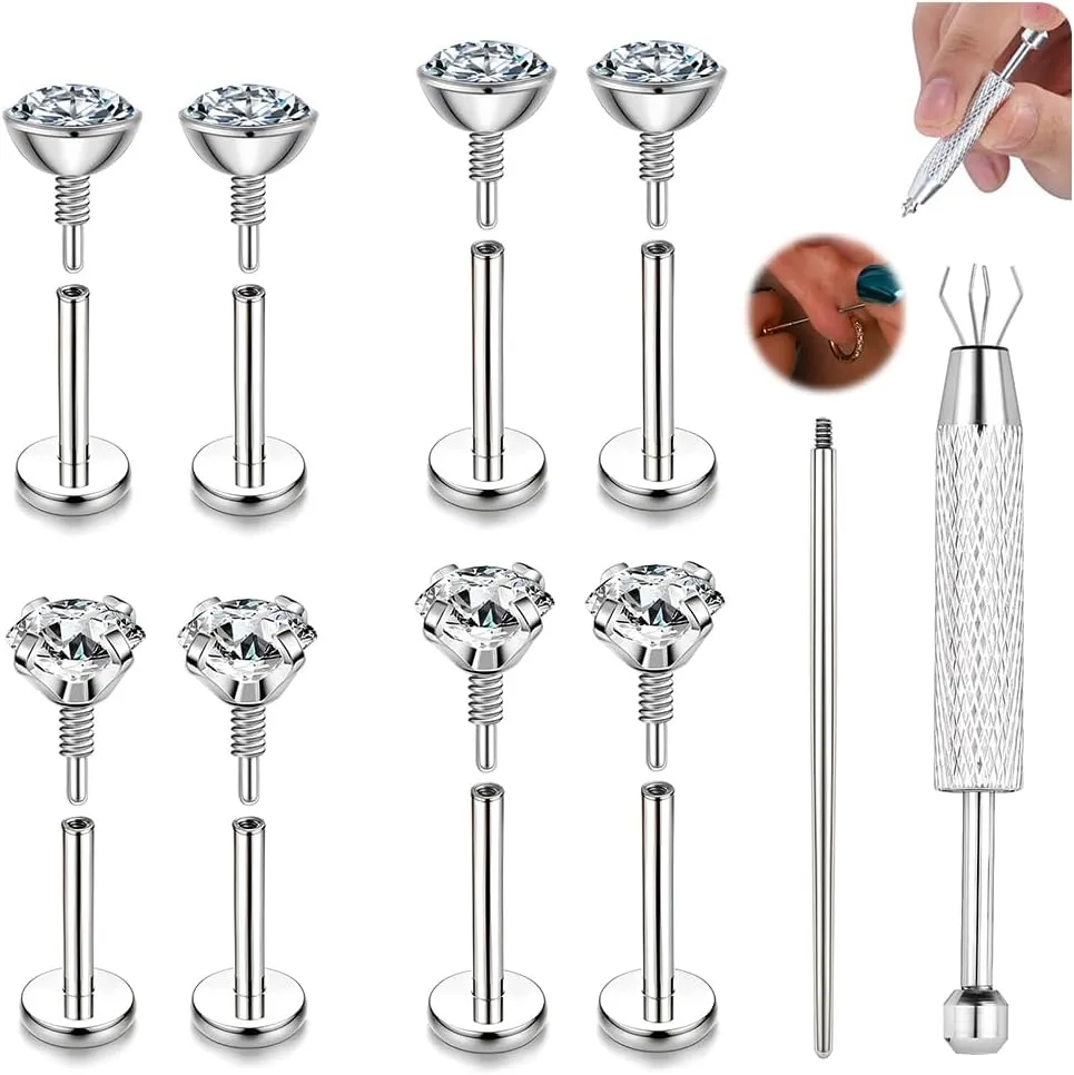 BodyAce Long Internally Threaded Tragus Piercings 16G 18G 20G Medusa Lip Jewelry Surgical Steel Flat Back Earrings Cartilage Helix Studs Nose Rings Monroe Labret Stud