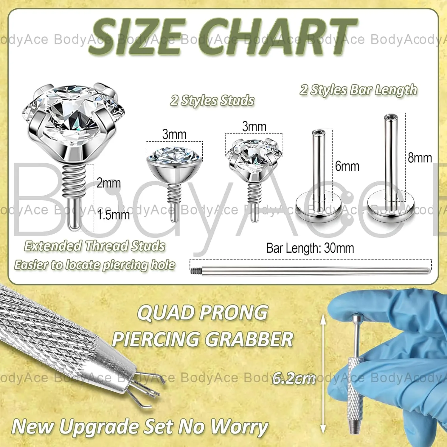 BodyAce Long Internally Threaded Tragus Piercings 16G 18G 20G Medusa Lip Jewelry Surgical Steel Flat Back Earrings Cartilage Helix Studs Nose Rings Monroe Labret Stud