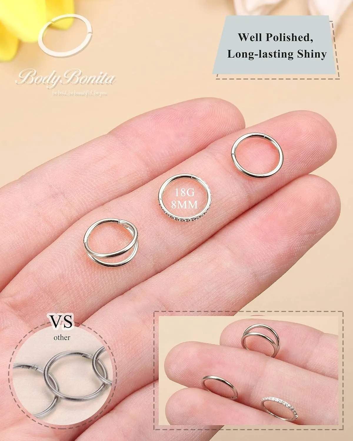 BodyBonita 3pcs Nose Rings Hoops - 316L Surgical Steel Double Hoop Nose Rings 14G/16G/18G/20G Hinged CZ Piercing Jewelry Septum Clicker Rings Cartilage Earring Helix Rook Tragus Daith 7mm/8mm/9mm/10mm