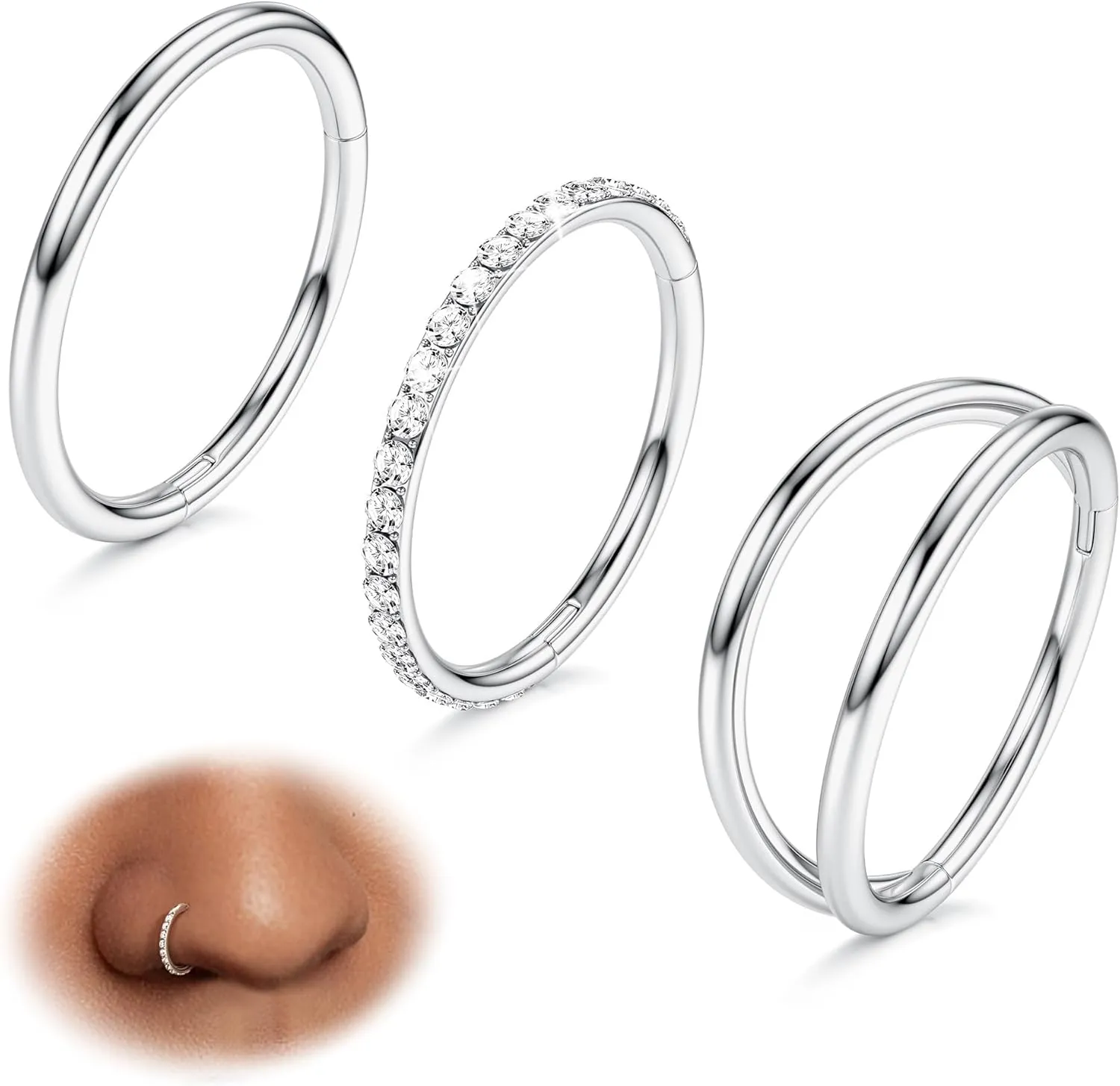 BodyBonita 3pcs Nose Rings Hoops - 316L Surgical Steel Double Hoop Nose Rings 14G/16G/18G/20G Hinged CZ Piercing Jewelry Septum Clicker Rings Cartilage Earring Helix Rook Tragus Daith 7mm/8mm/9mm/10mm