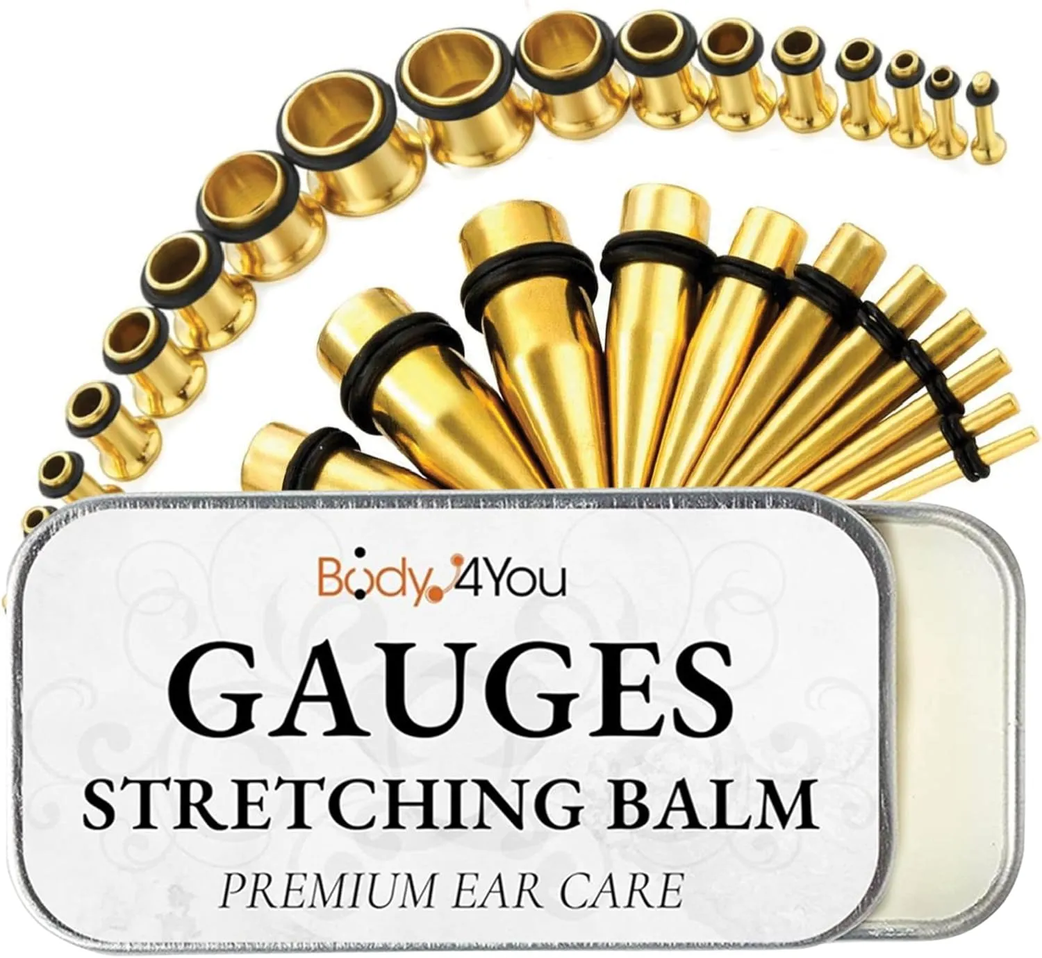 BodyJ4You 37PC Ear Stretching Kit - Beginner Gauges 14G-00G Starter Set - Aftercare Balm Wax - Steel Tapers Single Flare Plugs Tunnels - Women Eyelet Mens Earrings Expander Piercing Jewelry