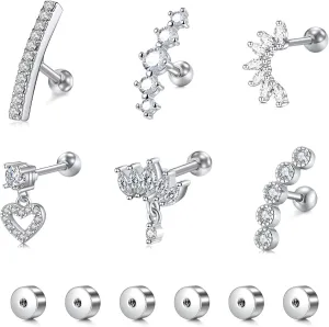 Briana Williams Cartilage Earring Stud Helix Piercing Jewelry for Women Stainless Steel Opal CZ Forward Helix Tragus Piercing Jewelry Heart Butterfly Flower Star Screw Back Stud Earrings 16G 20G