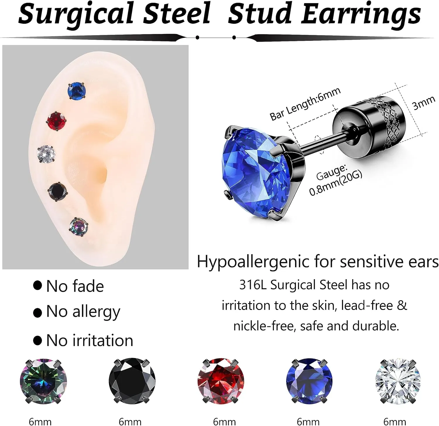 CASSIECA 5 Pairs    Screw Back Stainless Steel Stud Earrings for Women Men, Rainbow 5A Cubic Zirconia Sleeper Studs      3-8mm