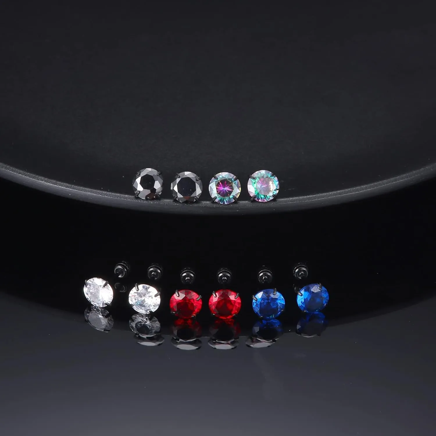 CASSIECA 5 Pairs    Screw Back Stainless Steel Stud Earrings for Women Men, Rainbow 5A Cubic Zirconia Sleeper Studs      3-8mm