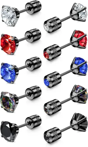 CASSIECA 5 Pairs    Screw Back Stainless Steel Stud Earrings for Women Men, Rainbow 5A Cubic Zirconia Sleeper Studs      3-8mm