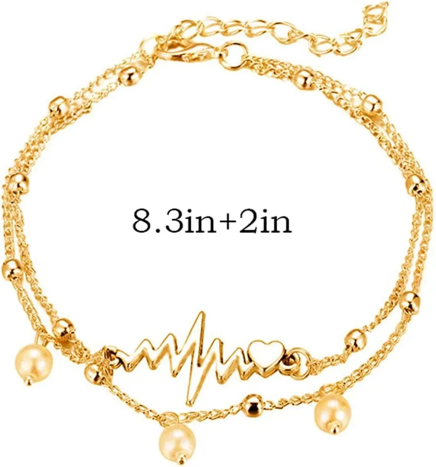Chain Ankle Bracelet for Women Boho Gold Silver Adjustable Anklets Pearl Heartbeat Anklet Summer Beach Jewelry for Women