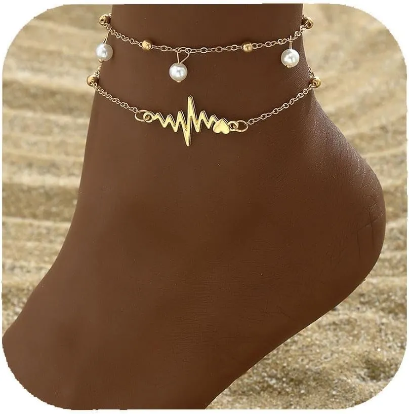 Chain Ankle Bracelet for Women Boho Gold Silver Adjustable Anklets Pearl Heartbeat Anklet Summer Beach Jewelry for Women