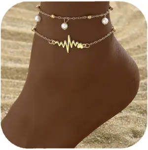 Chain Ankle Bracelet for Women Boho Gold Silver Adjustable Anklets Pearl Heartbeat Anklet Summer Beach Jewelry for Women