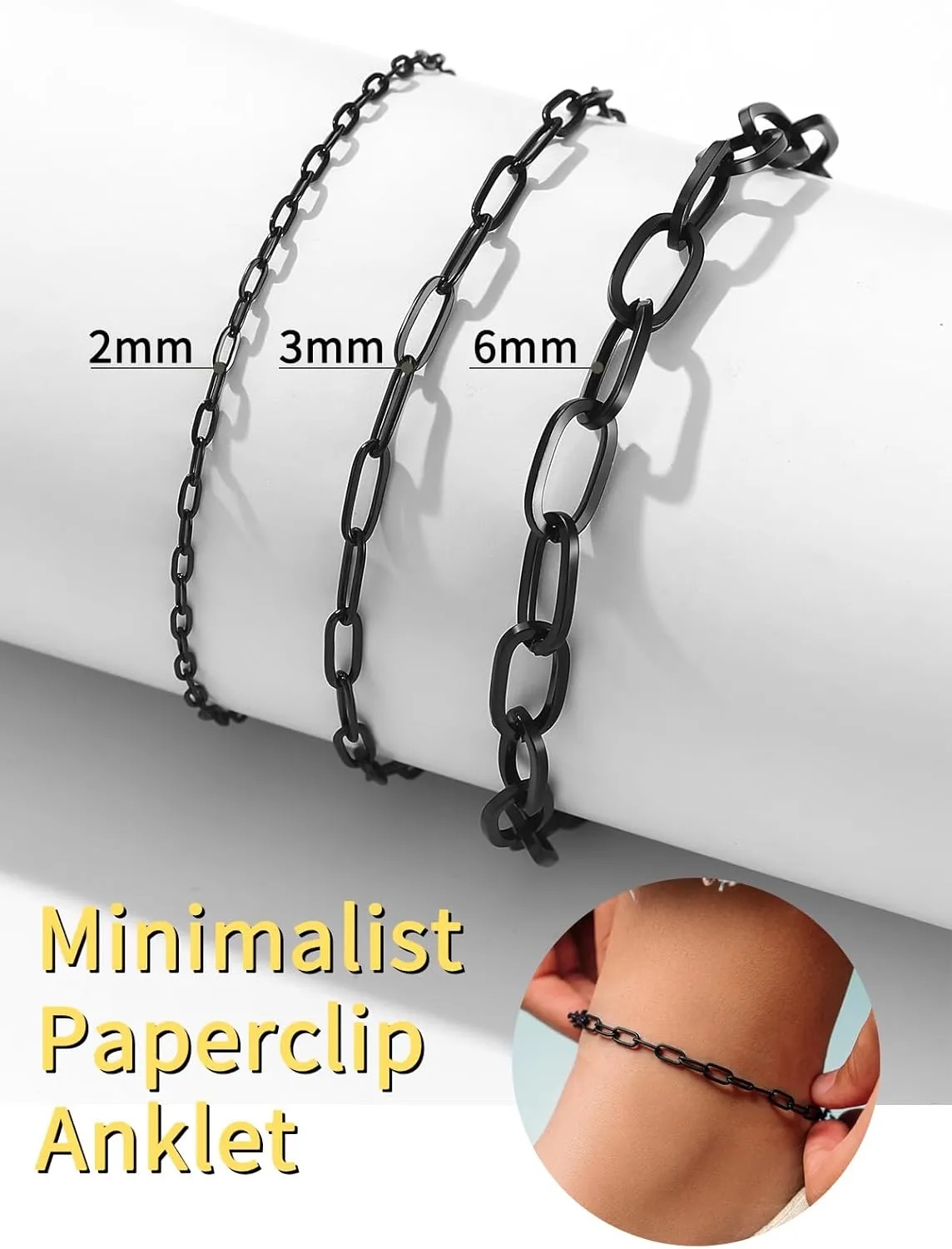 ChainsHouse Paperclip Anklets for Women Adjustable Stackable U-Link Chain Steel/Black/14K Gold Plated Summer Beach Jewelry 2MM/3MM/6MM Width 1/2/3Pcs Sets
