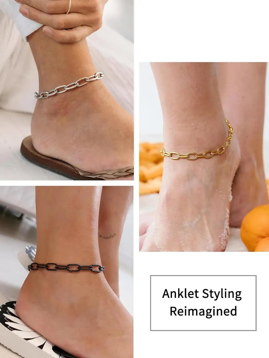 ChainsHouse Paperclip Anklets for Women Adjustable Stackable U-Link Chain Steel/Black/14K Gold Plated Summer Beach Jewelry 2MM/3MM/6MM Width 1/2/3Pcs Sets