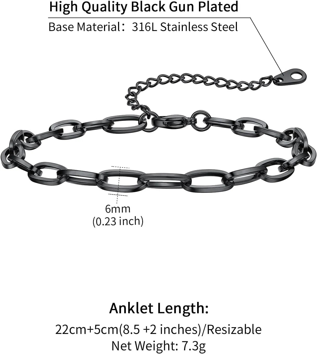 ChainsHouse Paperclip Anklets for Women Adjustable Stackable U-Link Chain Steel/Black/14K Gold Plated Summer Beach Jewelry 2MM/3MM/6MM Width 1/2/3Pcs Sets