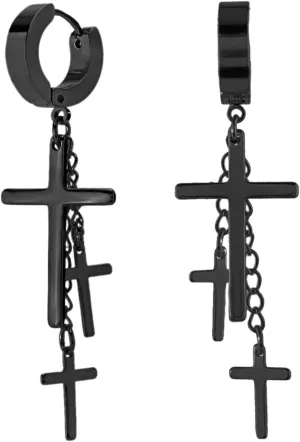 Charisma 80s Gothic Earring Cross Earrings for Men Dangle Hinged Hoop Huggie Earrings Stainless Steel 1 Pair, Black IP Plated Color