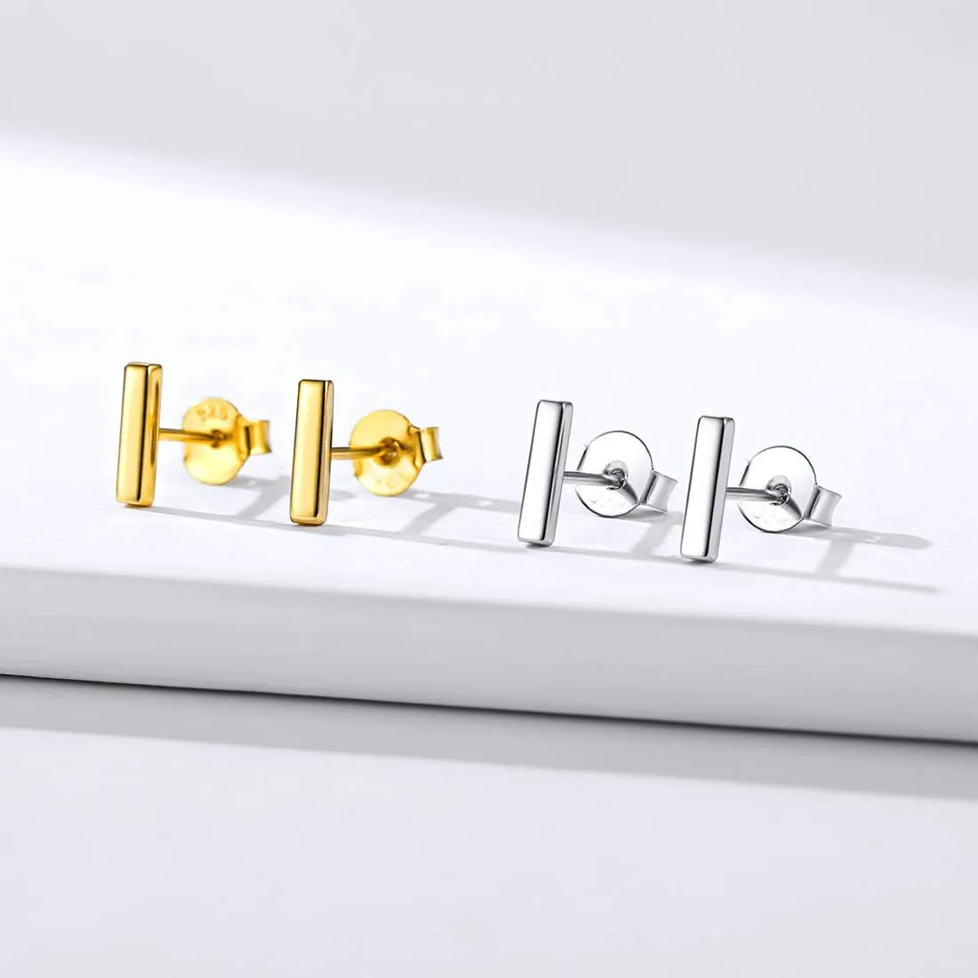 ChicSilver 925 Sterling Silver Dainty Simple Bar/Circle/Triangle Stud Earrings for Women, Silver/Gold/Black (with Gift Box)