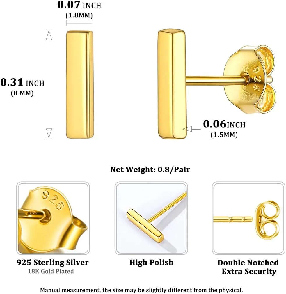 ChicSilver 925 Sterling Silver Dainty Simple Bar/Circle/Triangle Stud Earrings for Women, Silver/Gold/Black (with Gift Box)