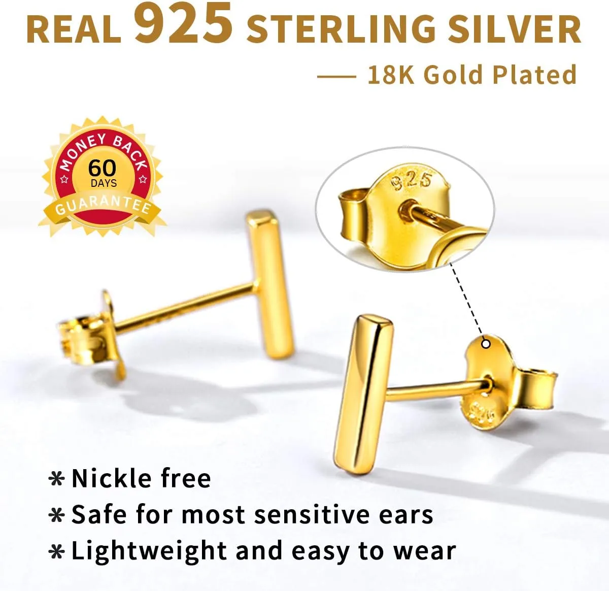 ChicSilver 925 Sterling Silver Dainty Simple Bar/Circle/Triangle Stud Earrings for Women, Silver/Gold/Black (with Gift Box)