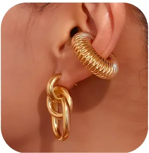 Chunky Gold Ear Cuffs Earrings,Gold Geometric Drop Dangle Earrings and Gold Cuff Clip on Cartilage Hoop Earring Set