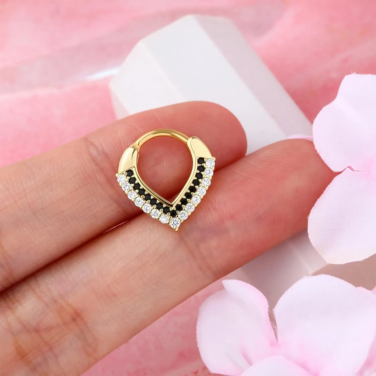 CM Crareesi Mania Septum Jewelry 8mm Teardrop Septum Piercing Jewelry 316L Stainless Steel Daith Piercing Jewelry Double Clear CZ Paved 16G Septum Clicker Rings for Women