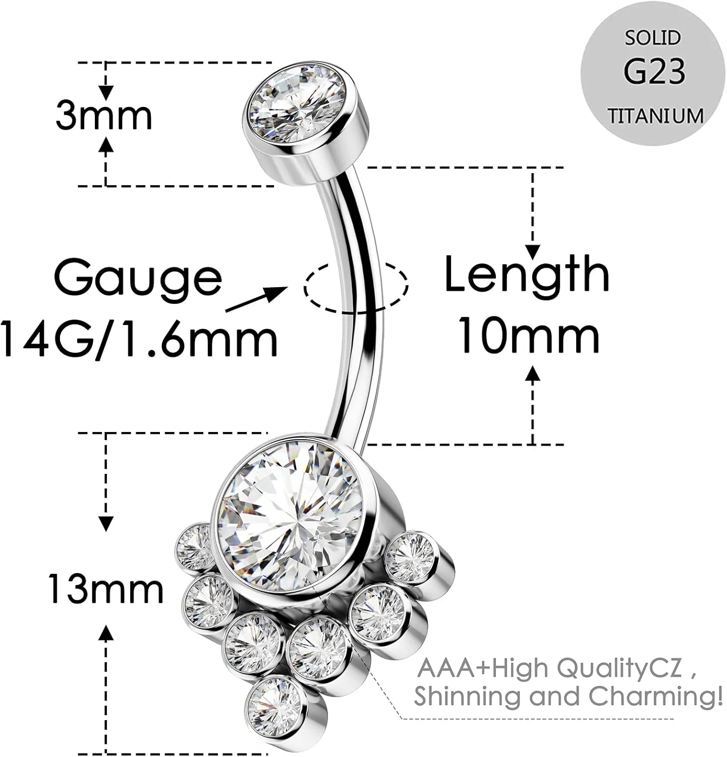 COCHARM G23 Solid Titanium Belly Button Rings for Women Bezel Cluster 14G Implat-Grade Hypoallergenic Navel Rings Cute 14g Belly Rings