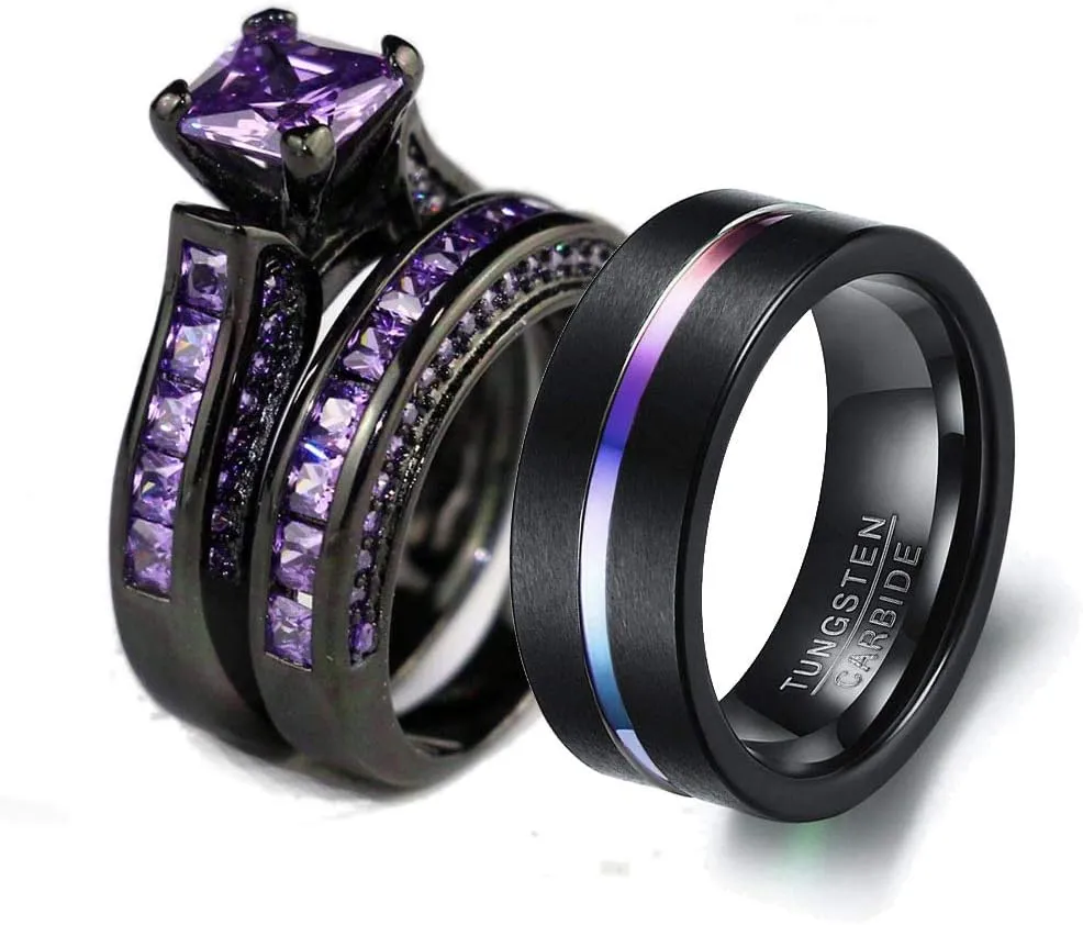 Couple Ring Bridal Sets His And Hers Women Black Gold Filled Square Violet CZ Men Tungsten Carbide Band Wedding Ring Band Set