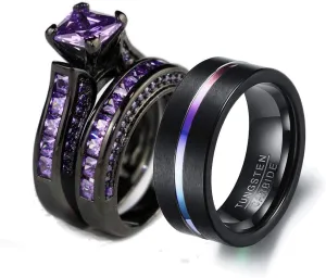 Couple Ring Bridal Sets His And Hers Women Black Gold Filled Square Violet CZ Men Tungsten Carbide Band Wedding Ring Band Set