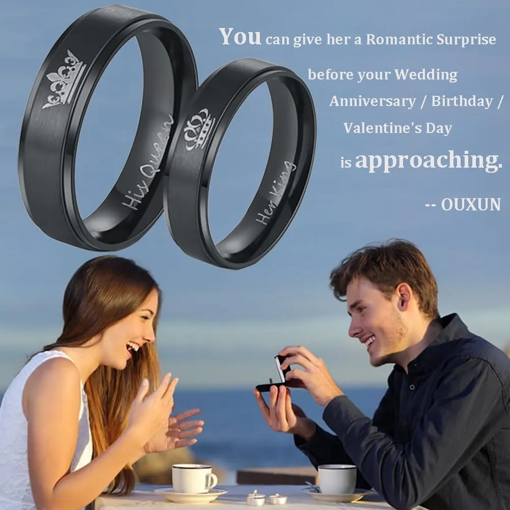Couples Promise Rings for Him Her King Queen Crown Engraved Black Titanium Stainless Steel Wedding Engagement Rings for Couples BF GF