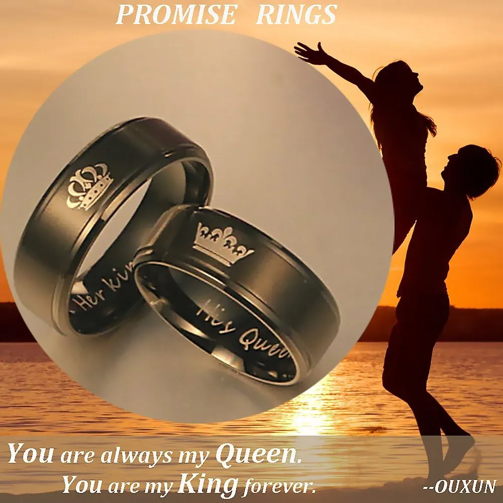 Couples Promise Rings for Him Her King Queen Crown Engraved Black Titanium Stainless Steel Wedding Engagement Rings for Couples BF GF