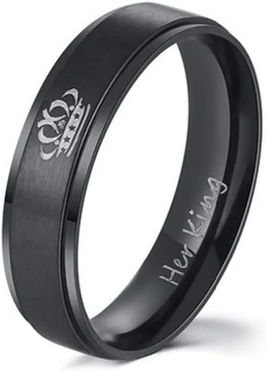 Couples Promise Rings for Him Her King Queen Crown Engraved Black Titanium Stainless Steel Wedding Engagement Rings for Couples BF GF