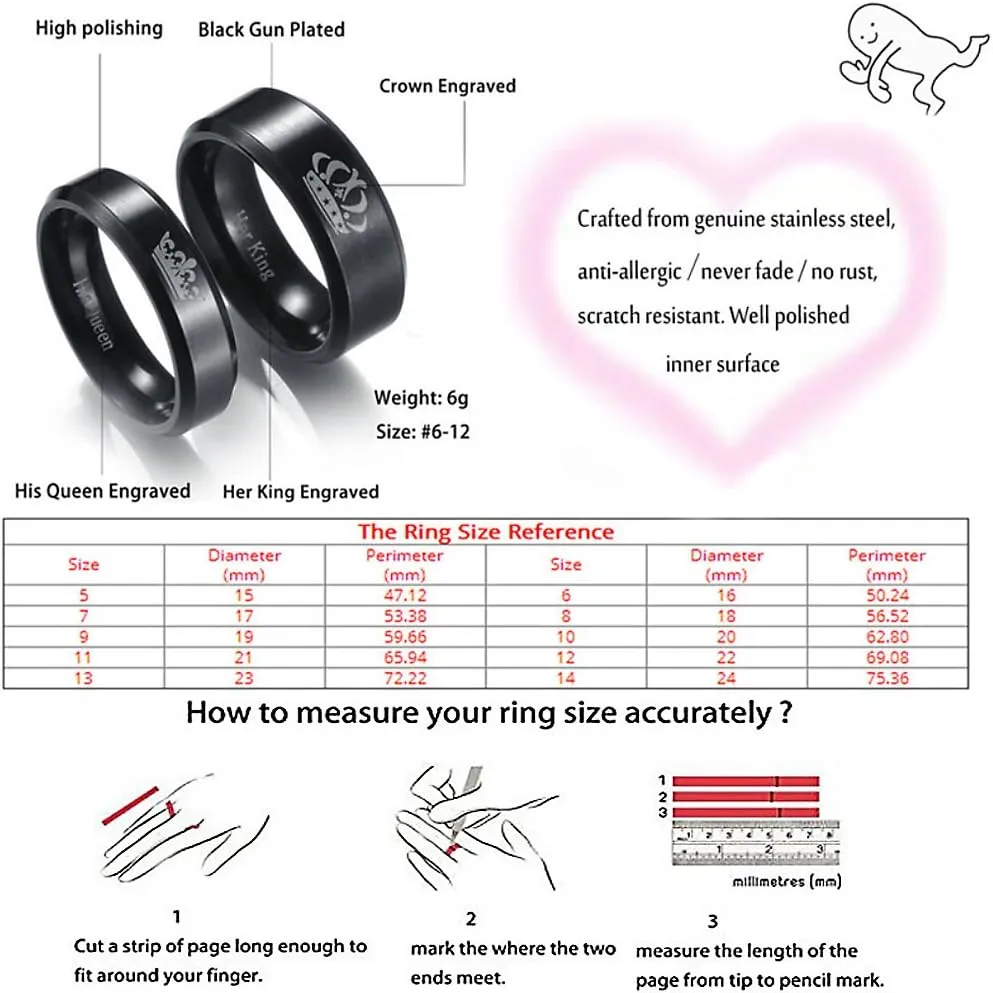 Couples Promise Rings for Him Her King Queen Crown Engraved Black Titanium Stainless Steel Wedding Engagement Rings for Couples BF GF