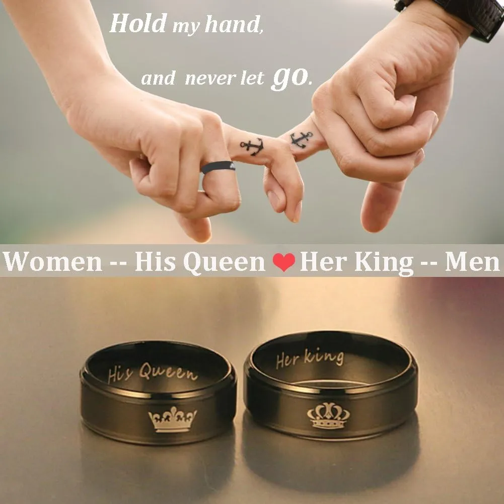 Couples Promise Rings for Him Her King Queen Crown Engraved Black Titanium Stainless Steel Wedding Engagement Rings for Couples BF GF