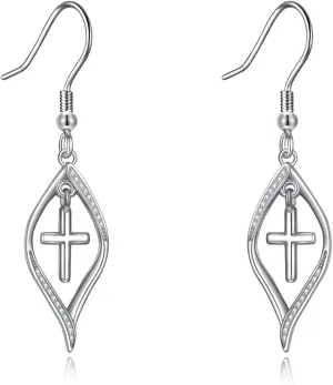 Cross Earrings 925 Sterling Silver Twist Leaf Drop Dangle Earring Jewelry Gifts for Women Girls