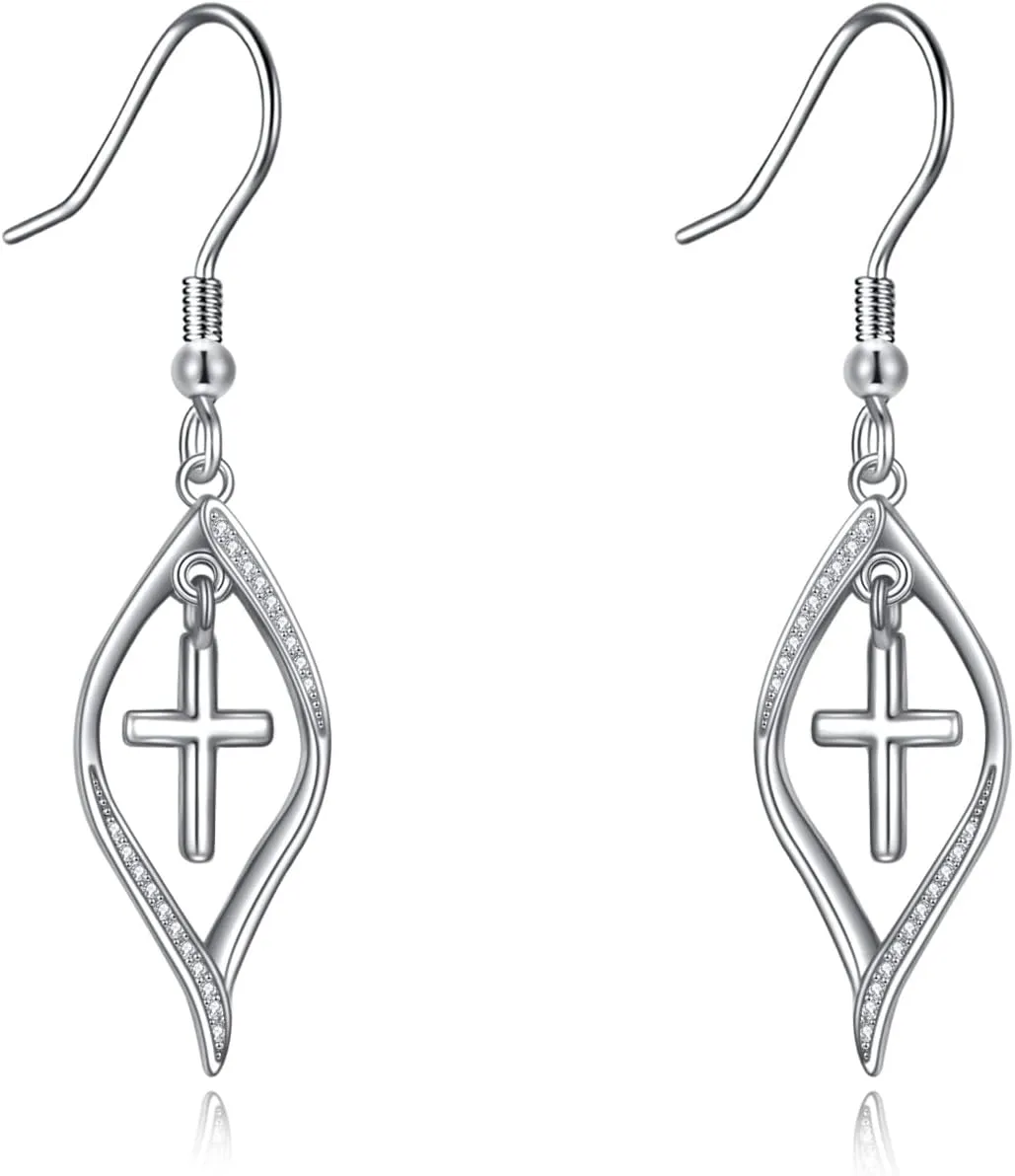 Cross Earrings 925 Sterling Silver Twist Leaf Drop Dangle Earring Jewelry Gifts for Women Girls