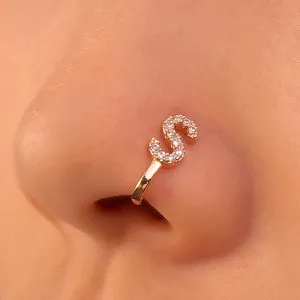 Crystal Initial Nose Ring Gold Fake Septum Nose Rings Copper Inlaid Zircon Letter S Nose Cuff Tiny Alphabet U-shaped Clip On Nose Ring Bendable Non Piercing Nose Jewelry for Women Girls