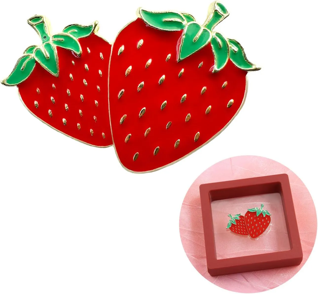 Cute Strawberry Brooch Pin with Storage Case,Red Twin Strawberry Metal Lapel Pin Fruit Brooch Strawberry Badges Breastpin Backpack Pin for Birthday Girls Women Kids Clothes Accessories Party Gift