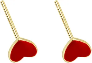 Cute Tiny Red Pink Enamel Heart Gold Plated Small Stud Earrings for Women Dainty Minimalist 925 Sterling Silver Love Mini Little Cartilage Tragus Studs Hypoallergenic for Sensitive Ear Fashion Jewelry 4mm