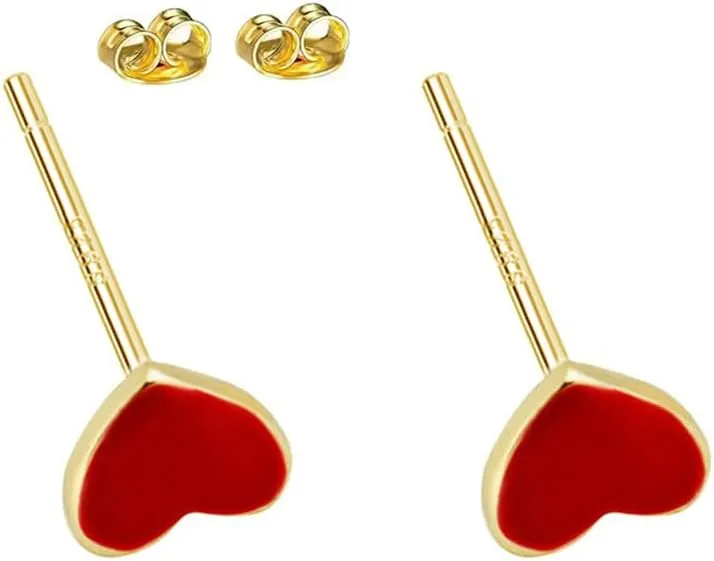 Cute Tiny Red Pink Enamel Heart Gold Plated Small Stud Earrings for Women Dainty Minimalist 925 Sterling Silver Love Mini Little Cartilage Tragus Studs Hypoallergenic for Sensitive Ear Fashion Jewelry 4mm