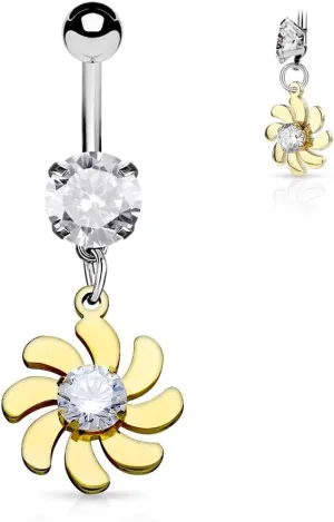 CZ Centered Swirling Flower Dangle CZ Surgical Steel WildKlass Belly Button Rings