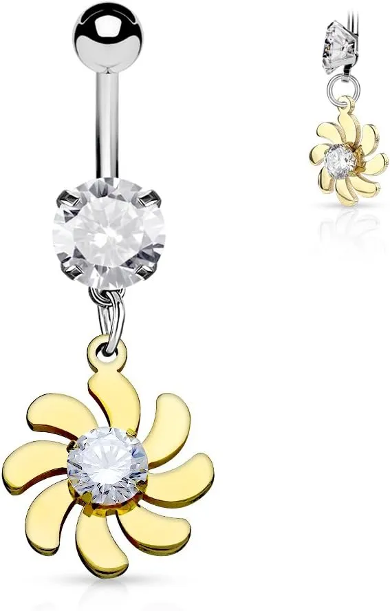 CZ Centered Swirling Flower Dangle CZ Surgical Steel WildKlass Belly Button Rings