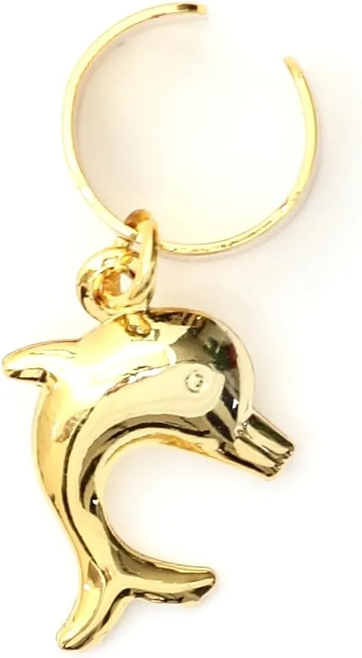 Dolphin Ear Cuff Wrap Dangling Gold Tone CC32 Vintage Ocean Animal Earring Fashion Jewelry