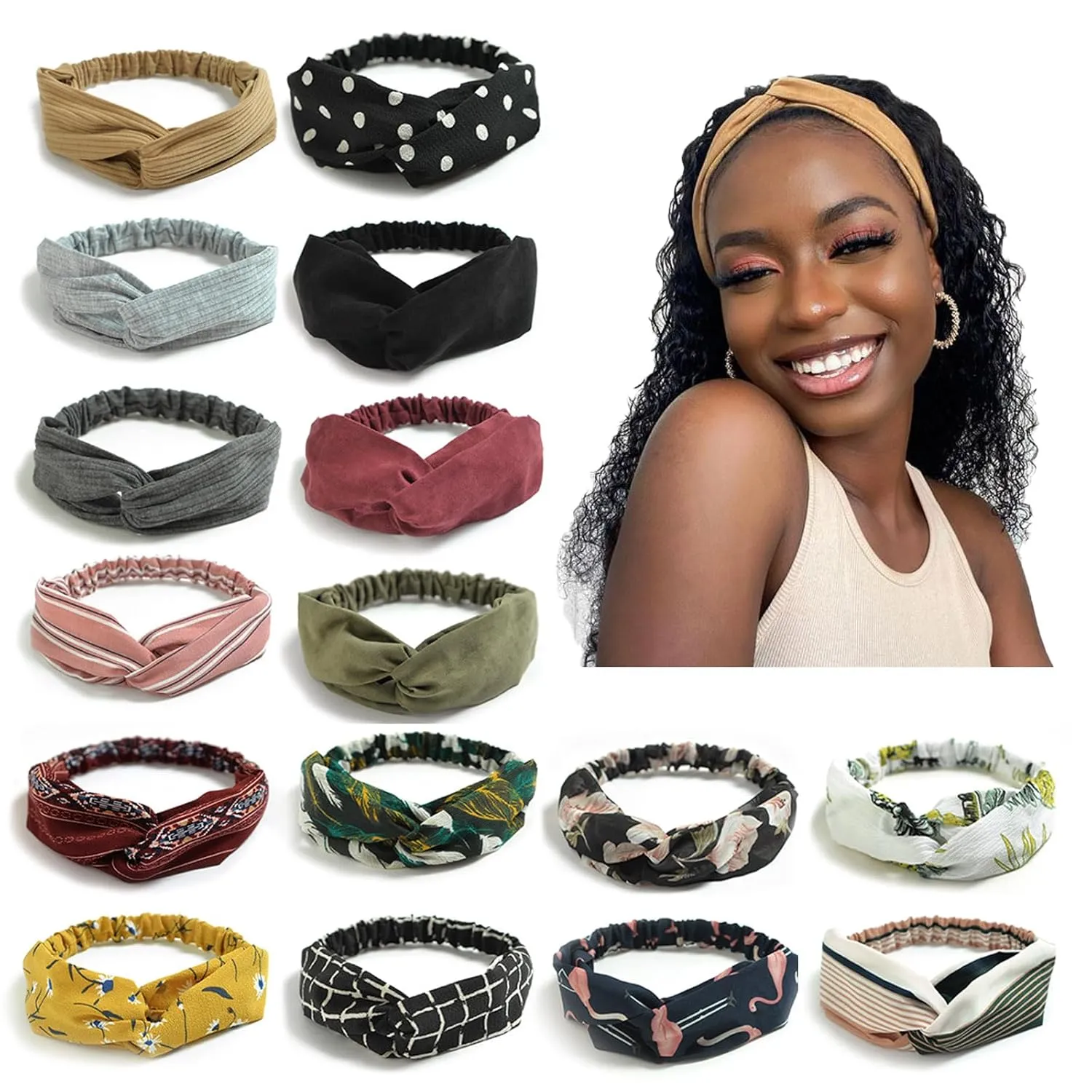 DRESHOW 16 Pack Turban Headbands for Women Elastic Back Twisted Hair Bands Face Vintage Cross Head Wrap Hair Accessories