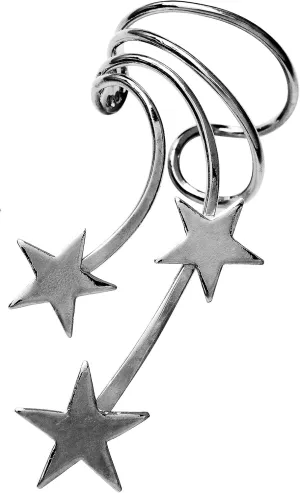 Ear Charms 3 Star Ear Cuff Non-Pierced Cartilage Earring Wrap Left Long Wave Rhodium on Sterling