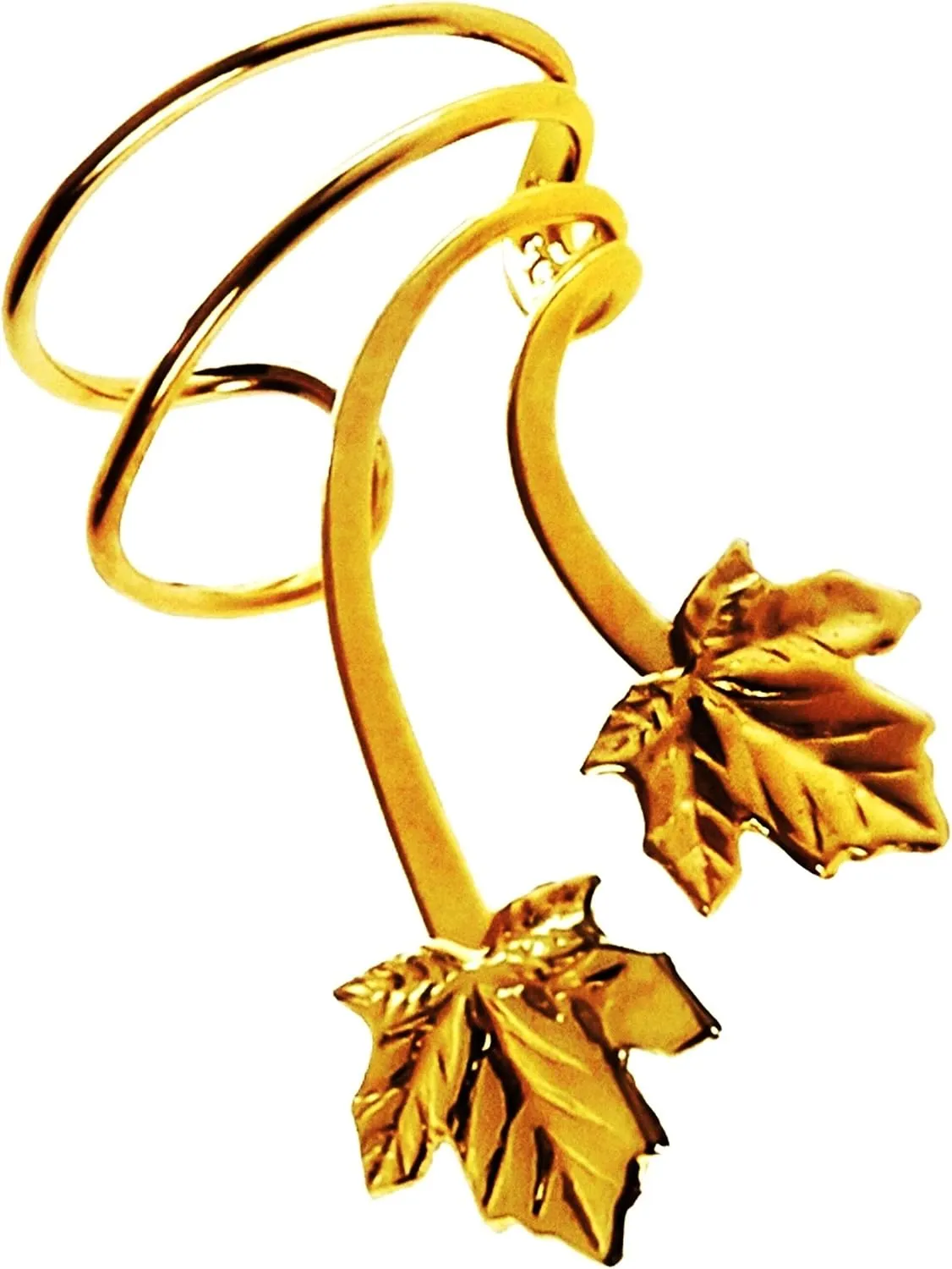 Ear Charms Double Maple Leaf Short Wave Ear Cuff Non-pierced Right Earring Clip, Gold on Silver