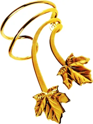 Ear Charms Double Maple Leaf Short Wave Ear Cuff Non-pierced Right Earring Clip, Gold on Silver