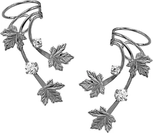 Ear Charms Long Wave Ear Cuff Earring Wraps Triple Maple Leaf with 2 CZ Rhodium on Silver