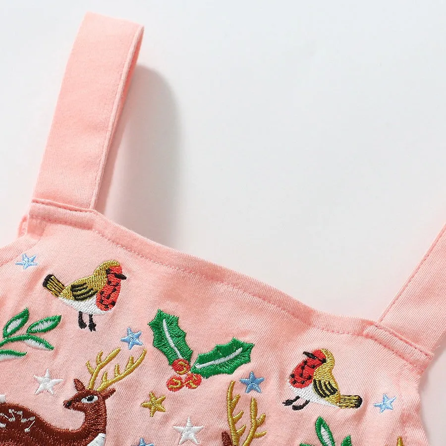 Embroidered Deer Suspender Summer Dress