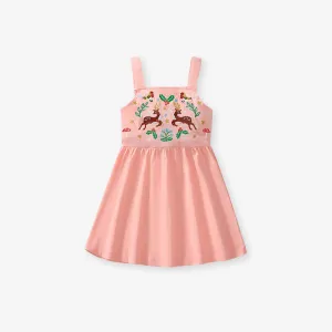 Embroidered Deer Suspender Summer Dress