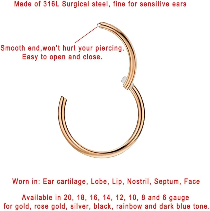 FANSING Men Women 316L Surgical Steel Hinged Nose Rings Hoop for Nostril Septum Cartilage Helix Daith Tragus Rook Conch Lip Ear Lobe Piercings