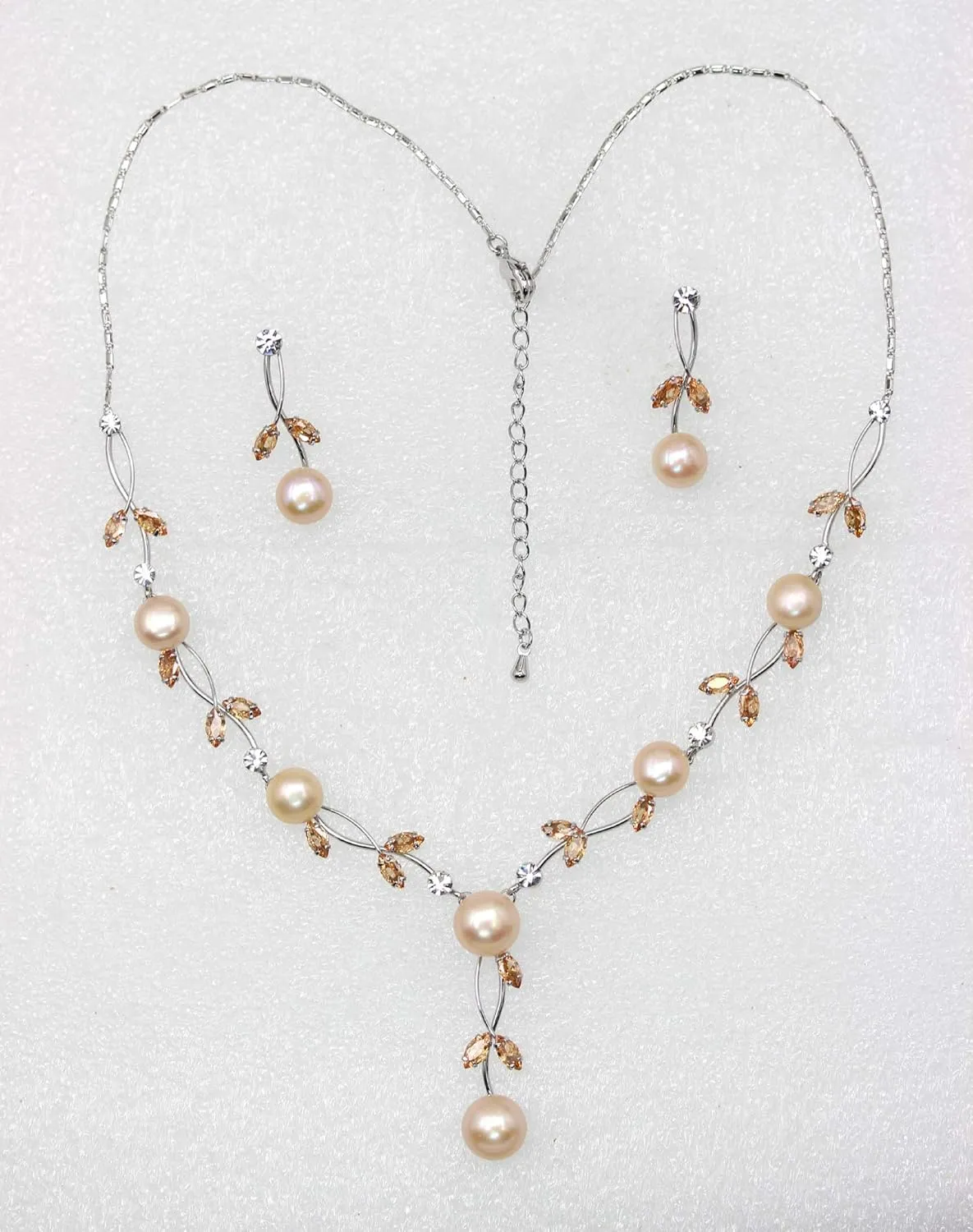 Faship Gorgeous CZ Crystal Genuine Freshwater Pearls Floral Necklace Earrings Set