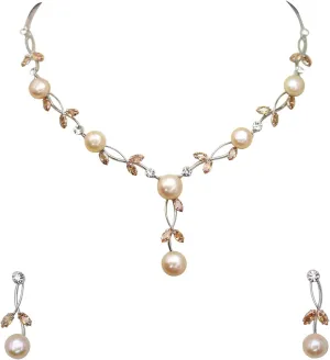 Faship Gorgeous CZ Crystal Genuine Freshwater Pearls Floral Necklace Earrings Set