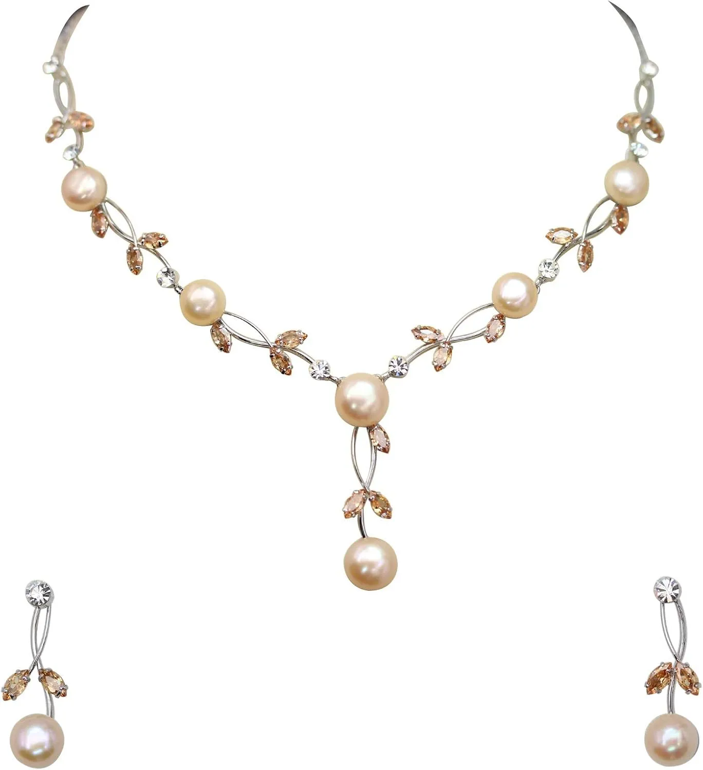 Faship Gorgeous CZ Crystal Genuine Freshwater Pearls Floral Necklace Earrings Set
